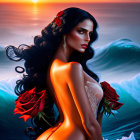 Dark-haired woman with red flowers, holding a rose by the ocean at sunset