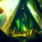 Ethereal jungle with glowing green light and pyramids amid lush ferns