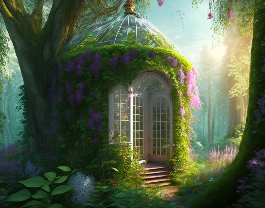 Enchanted forest greenhouse with purple flowers