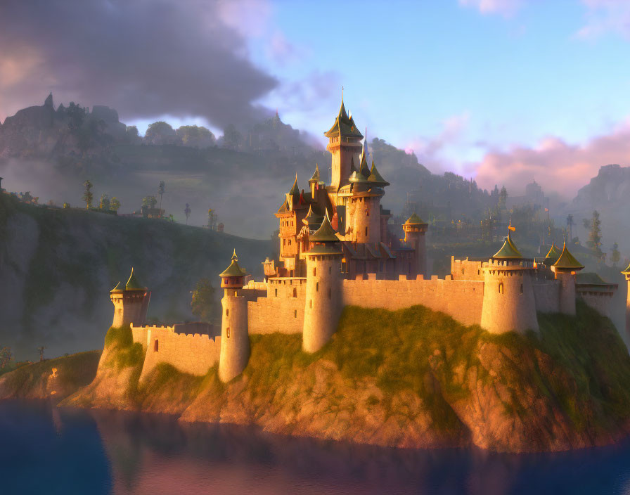 Majestic castle on cliff by serene water at dusk