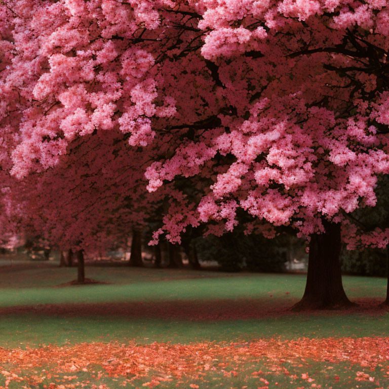 Pink cherry blossom tree shedding petals on green grass
