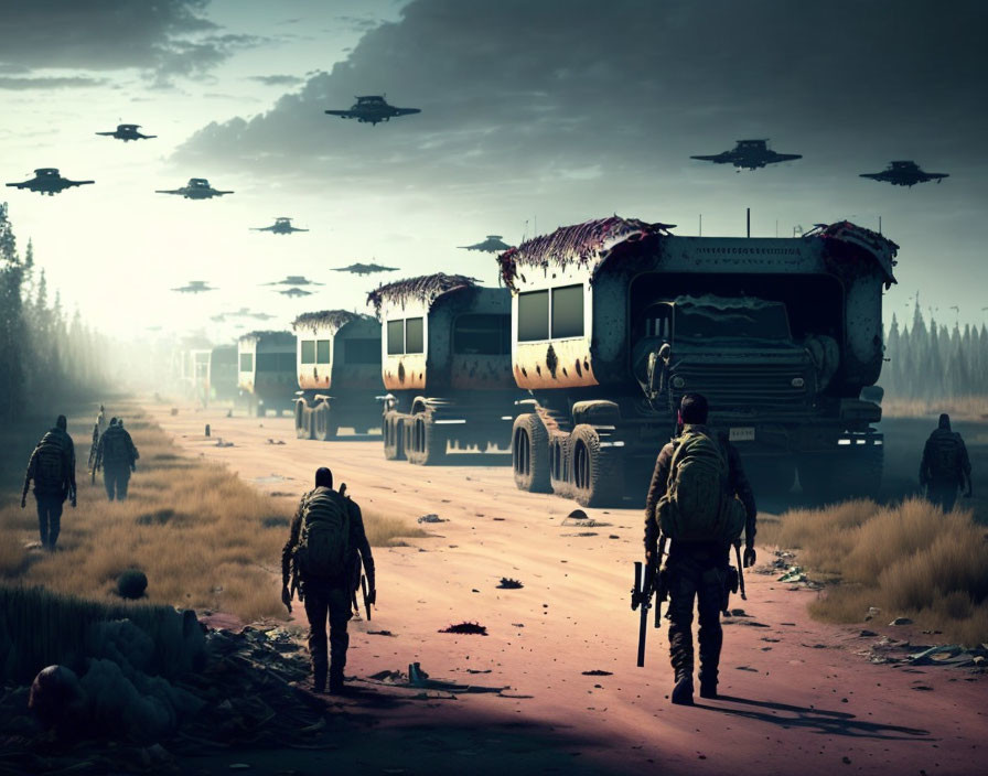 Soldiers in desolate landscape with futuristic aircraft and abandoned vehicles