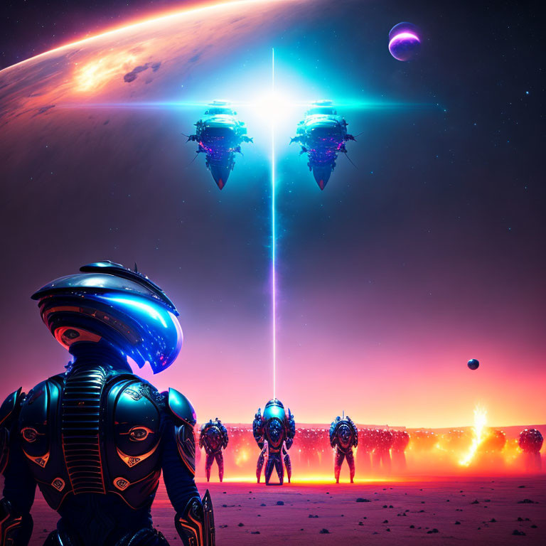 Robotic Figures on Alien Landscape Under Purple Sky