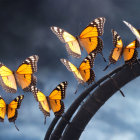 Vibrant monarch butterflies on curved branch under dramatic sky
