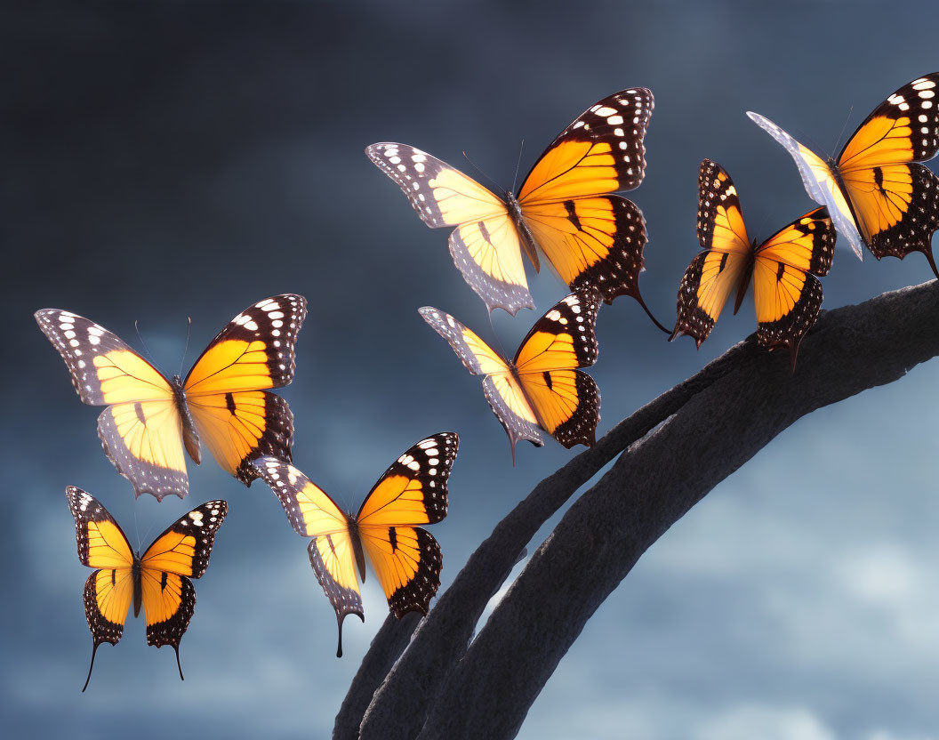 Vibrant monarch butterflies on curved branch under dramatic sky