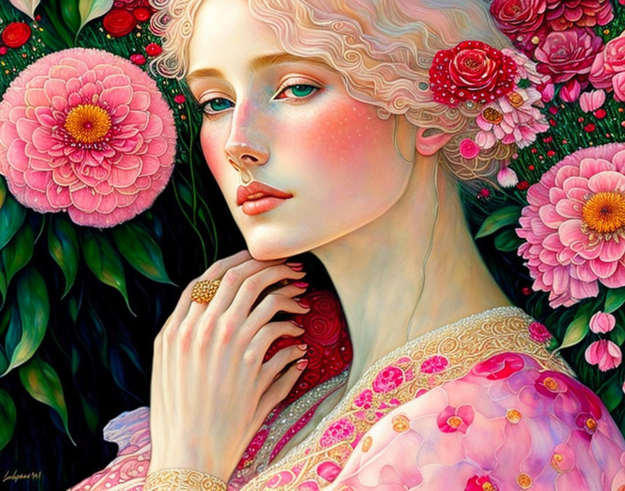Detailed portrait of a woman with vibrant pink blooms and lush greenery.