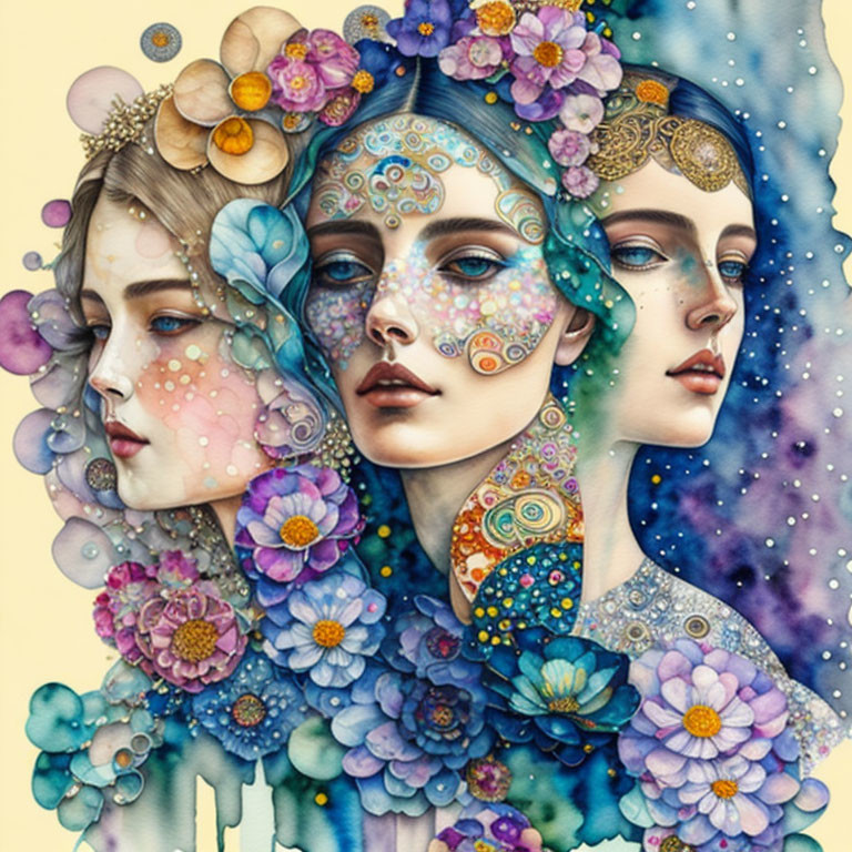 3 watercolor and ink Women and flowers