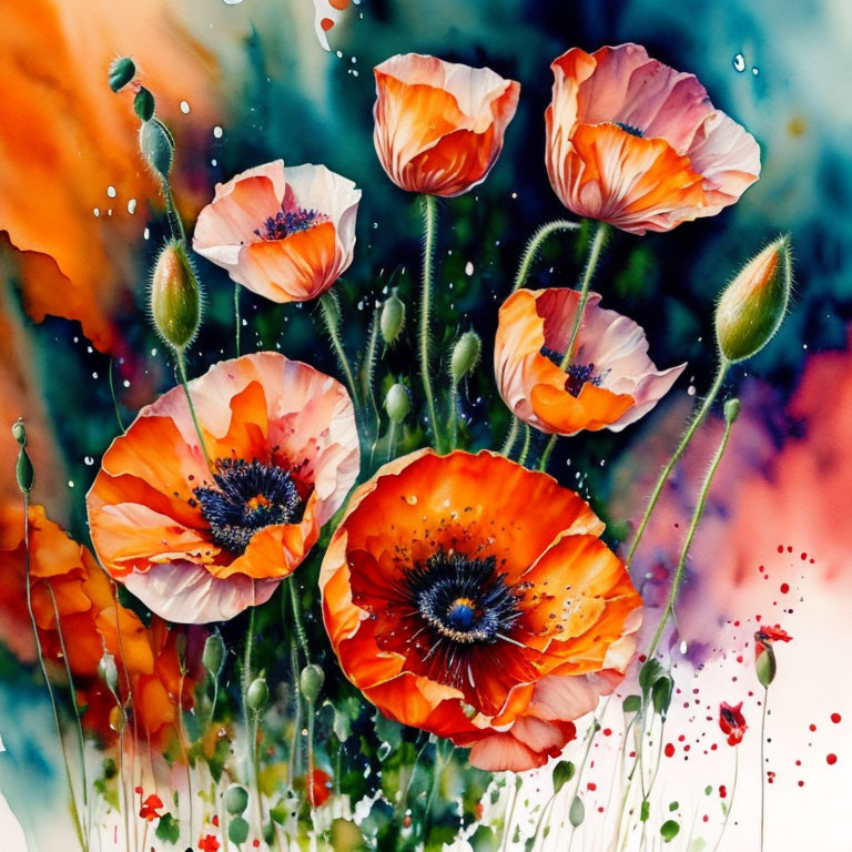 Colorful watercolor painting of blooming poppies on vibrant backdrop
