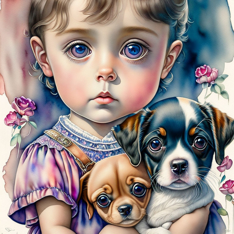 beautiful big eyed girl with puppies