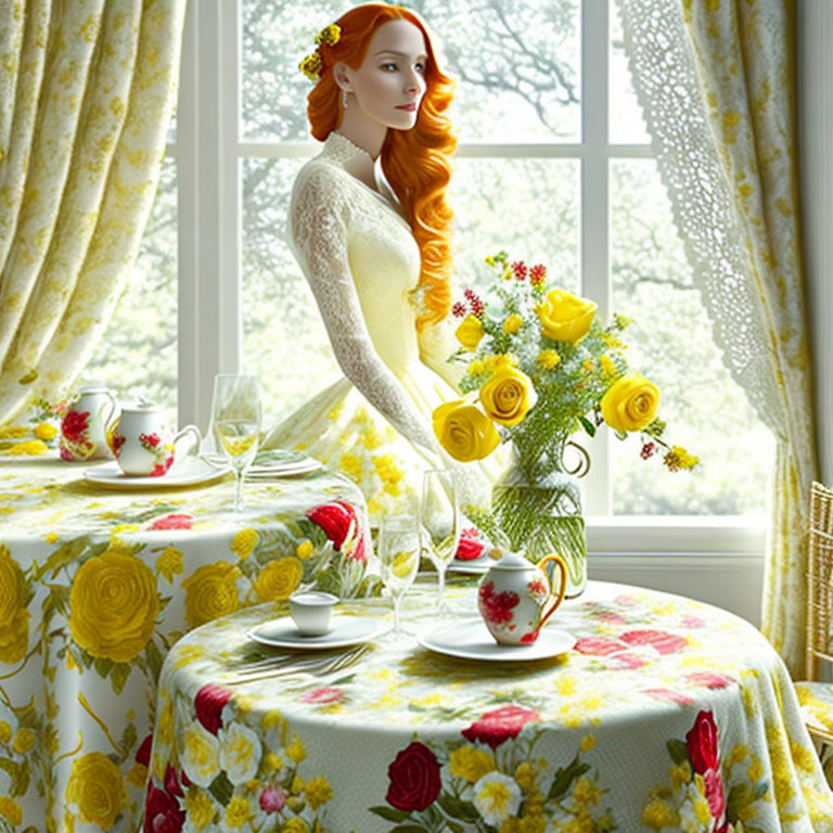 Lovely Red headed Woman with Yellow Roses