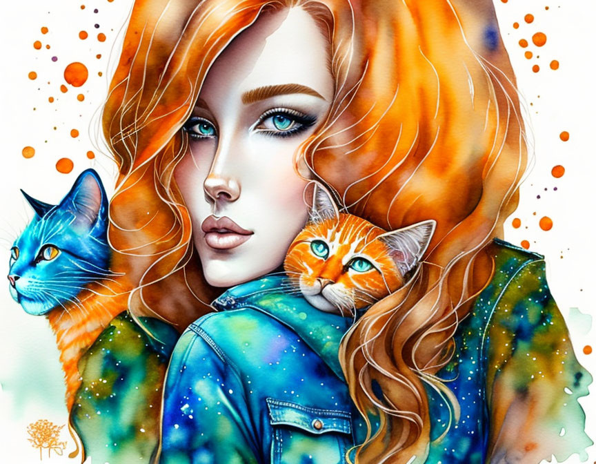 Vibrant illustration of woman with red hair and colorful cats in watercolor backdrop