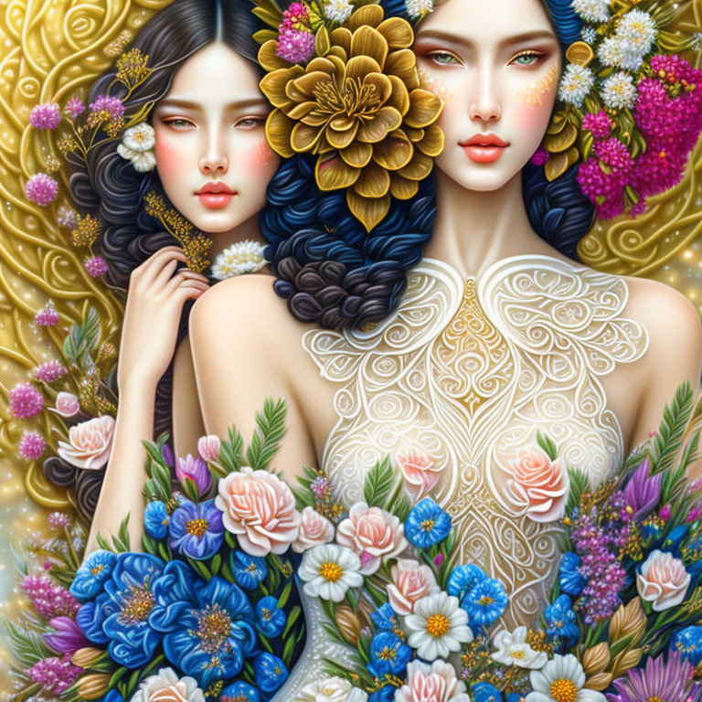 two pretty ladoes with flowers