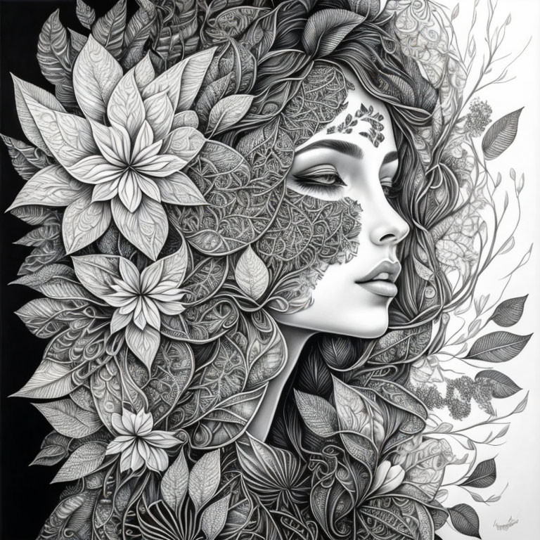 Zentangle intricae woman with Flowers