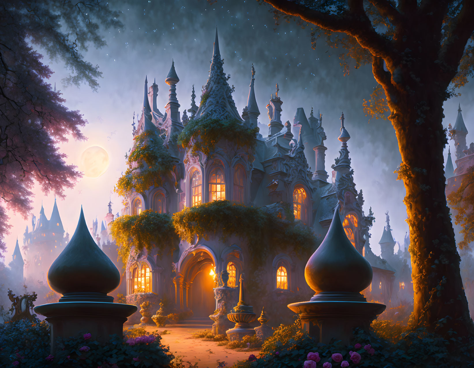Enchanted gothic castle in twilight forest with full moon