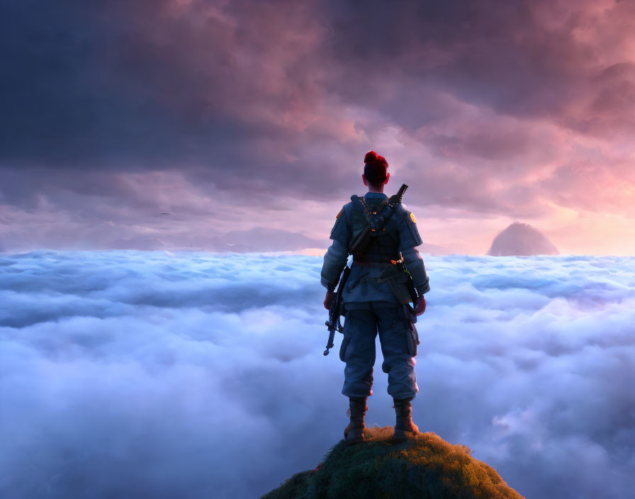 female soldier on a sea of clouds