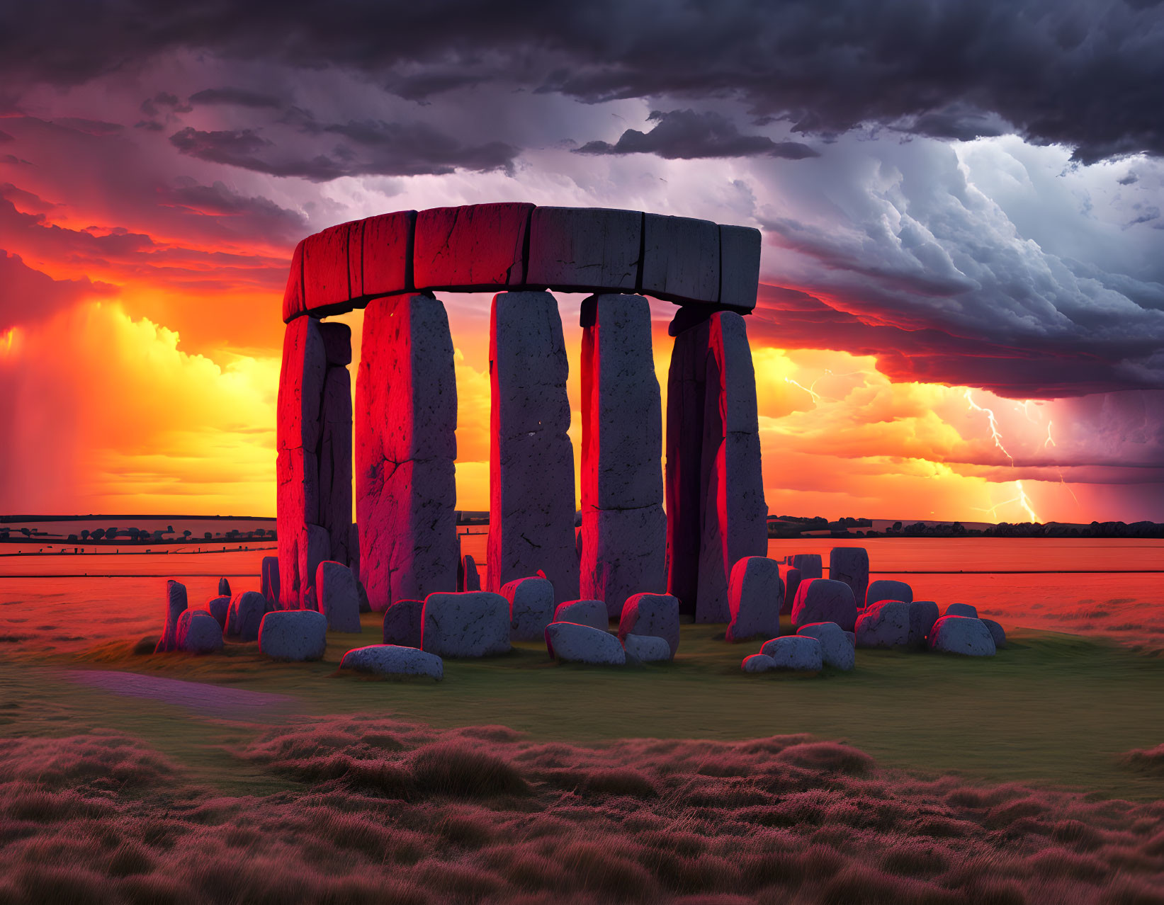 Stone henge with red sky and thunderstorm