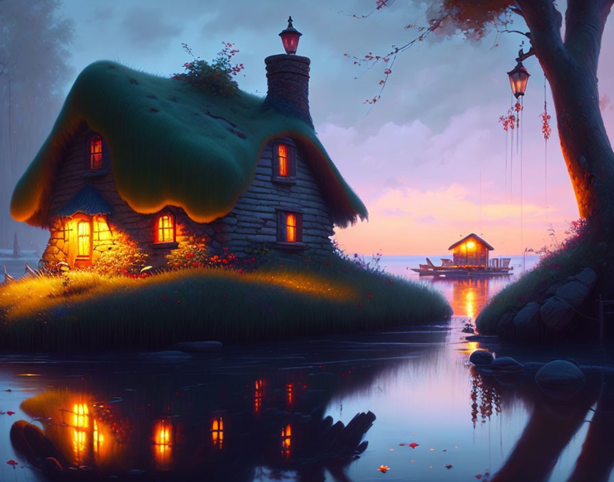 Painting of a whimsical cottage near the water. 