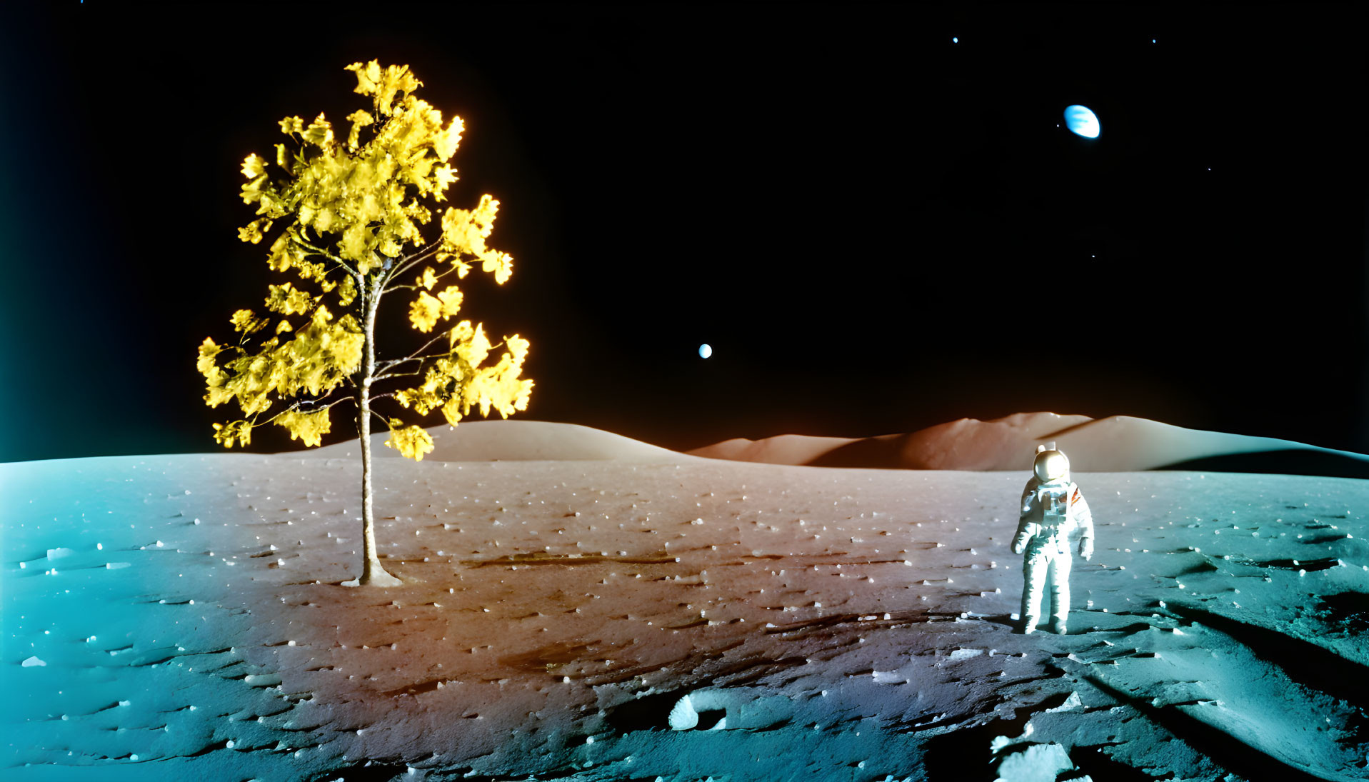 Astronaut on barren moon-like surface with lone yellow tree and Earth in the distance
