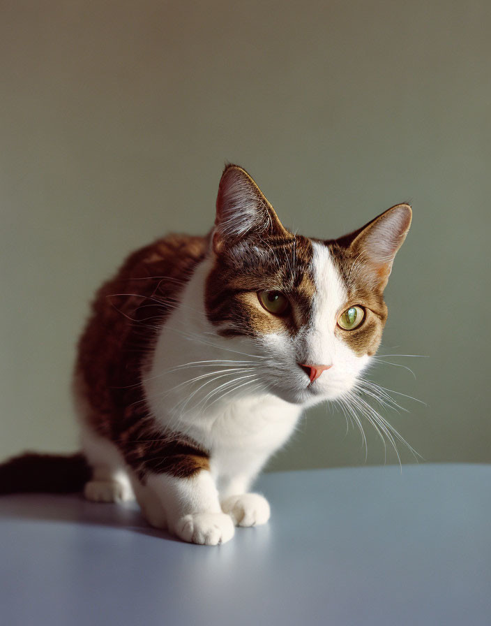 Brown and White Cat with Green Eyes Sitting on Table