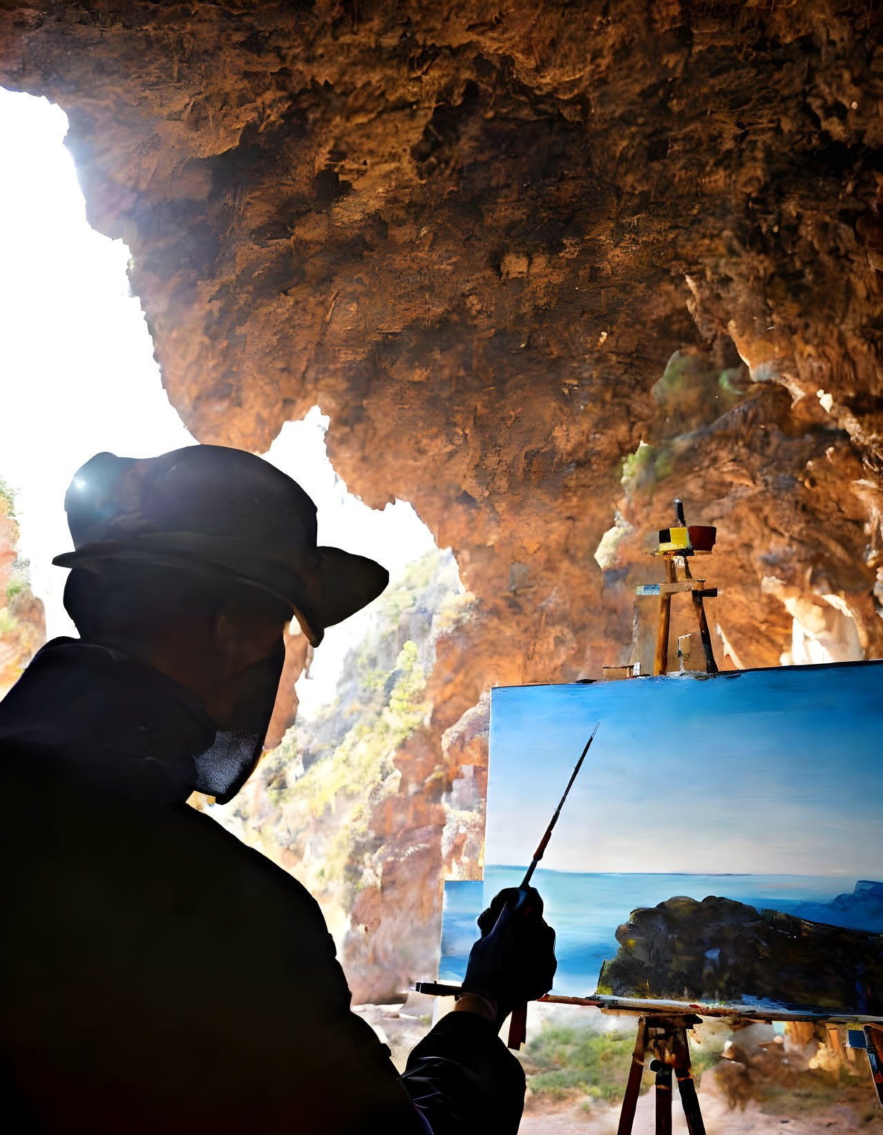 Artist painting seaside landscape in cave with sky and sea view