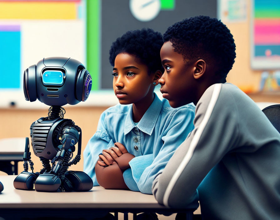 Students talking with a robot