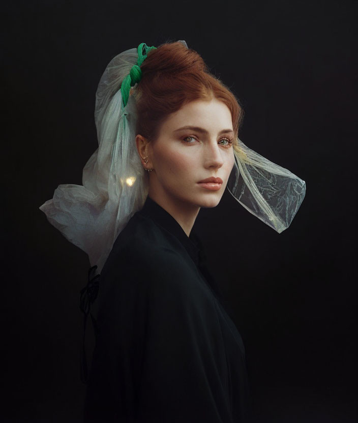 Red-haired woman in black garment with translucent veil and green ribbon gazes thoughtfully.