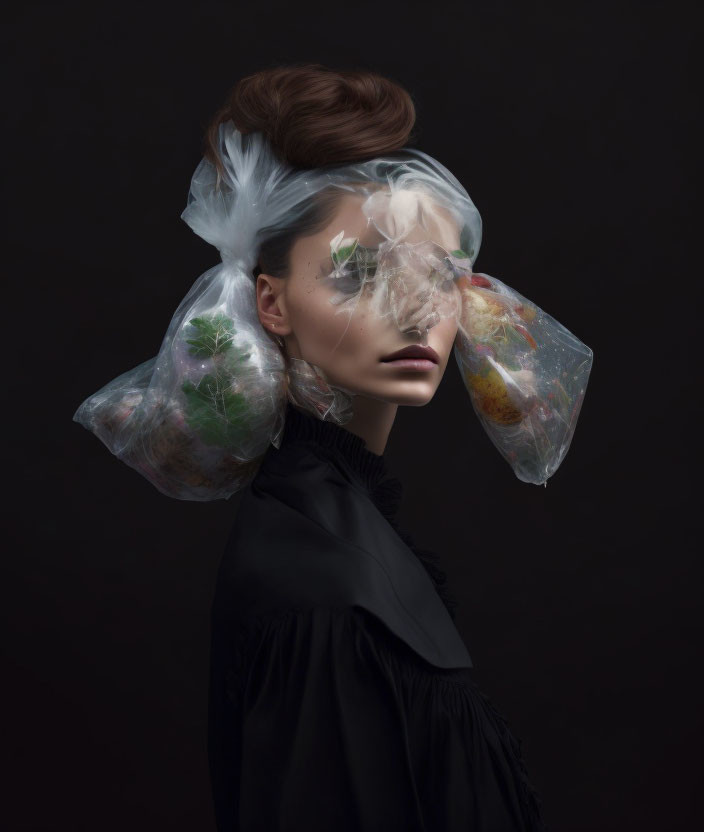 Woman with updo hairstyle adorned with transparent plastic bags filled with flowers and leaves.