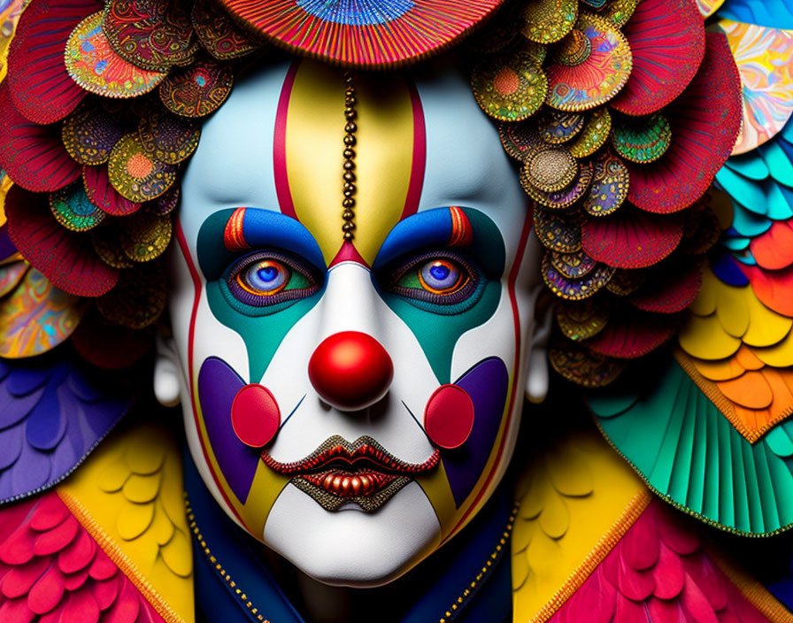 Colorful close-up portrait of person in elaborate clown makeup with feather-like details.