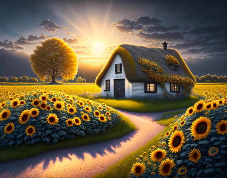 Thatched roof cottage in sunflower field at sunset