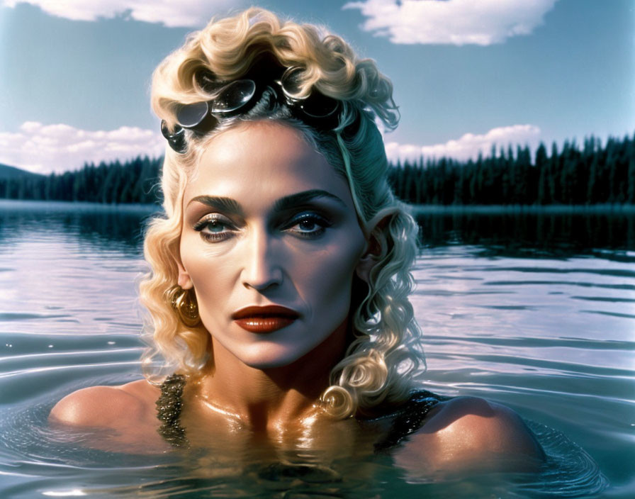 Blonde woman with striking makeup emerges from water with forest and mountain backdrop