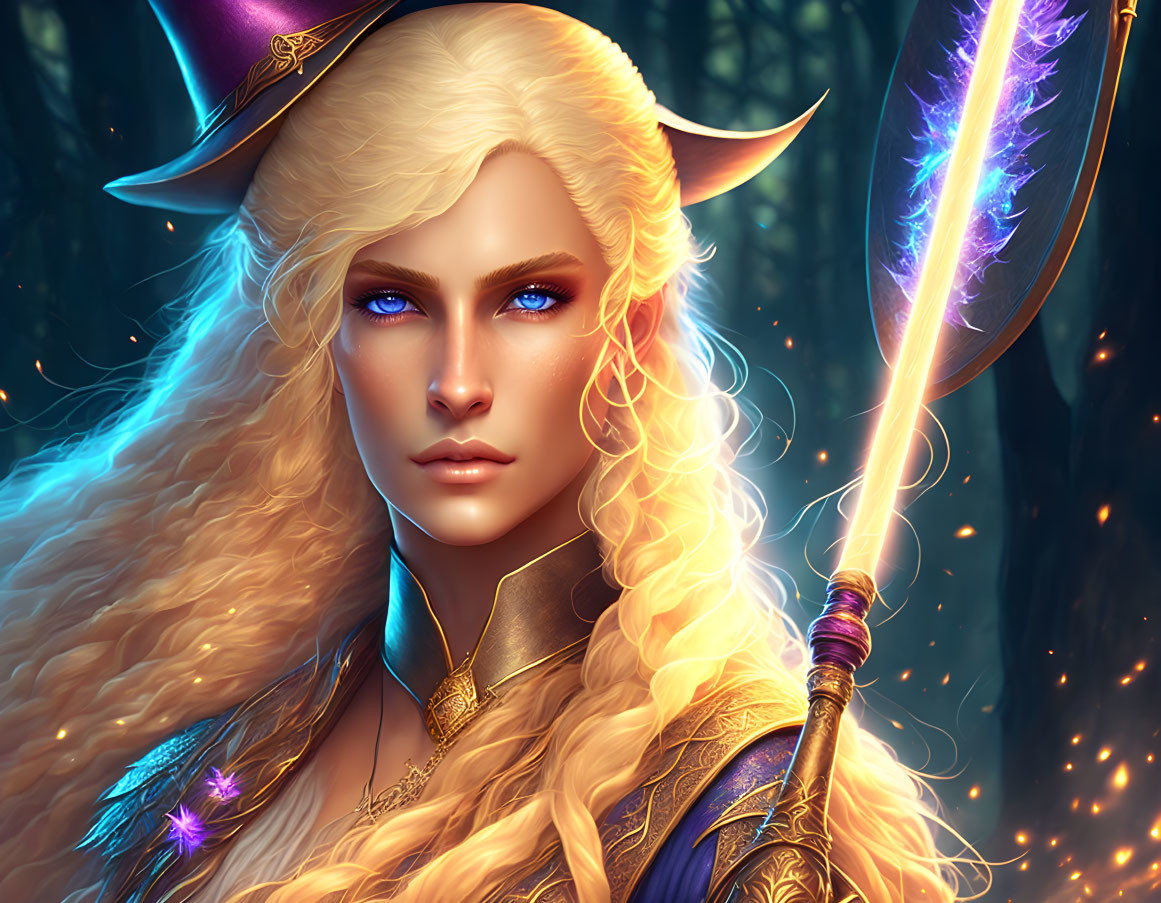 Fantasy elf with blue eyes, blond hair, and staff in enchanted forest