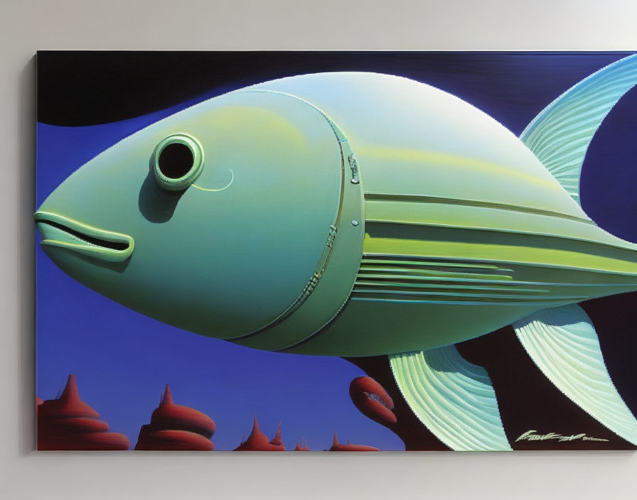 Mechanical fish painting on blue background with red sculptural forms
