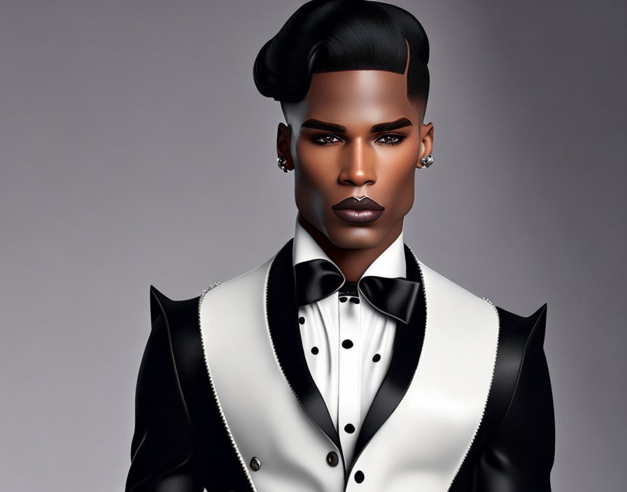 Male model in sharp tuxedo with bow tie and haircut against grey backdrop