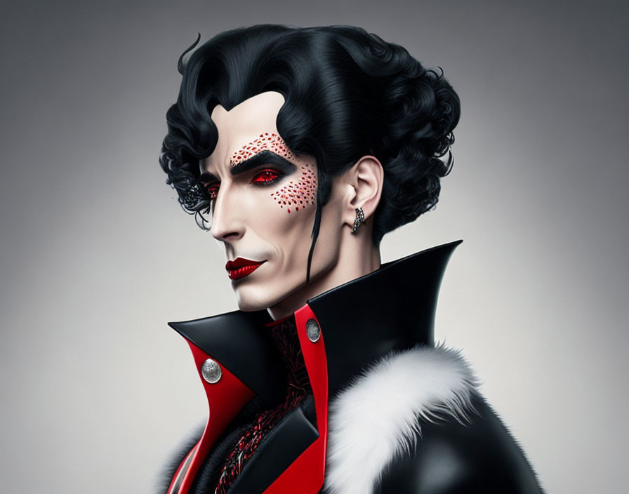 Stylized portrait of a person with pale skin, high cheekbones, black hair, red accents