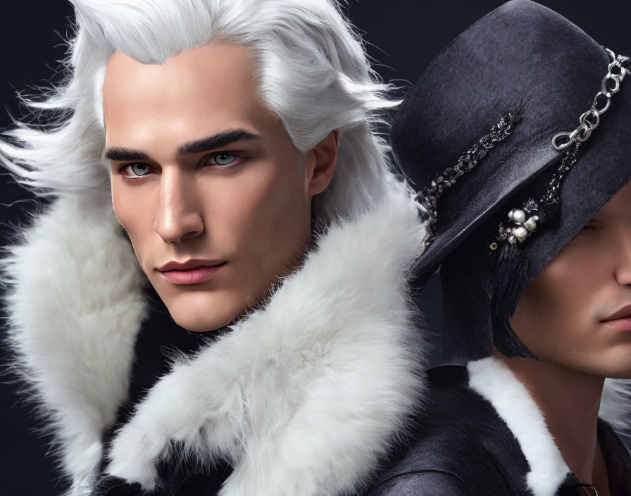 Stylized male characters: one with white hair and fur collar, the other in dark hat with