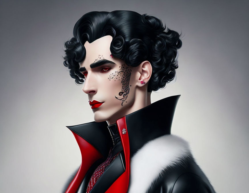 Person with Pale Skin, Bold Black Hair, Red Lipstick, High-Collared Black & Red