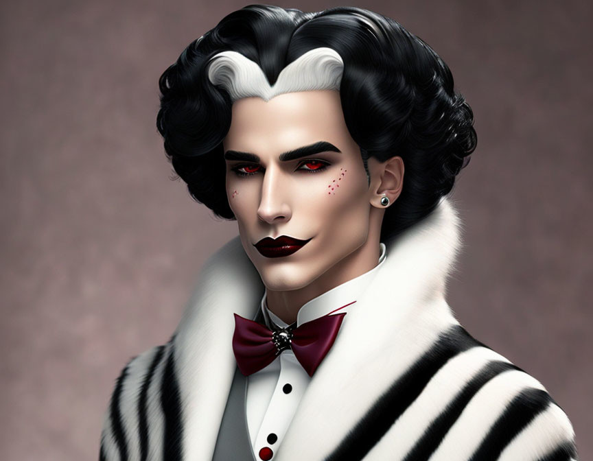 Stylish male figure with Cruella de Vil inspired black & white hairstyle, fur coat, red