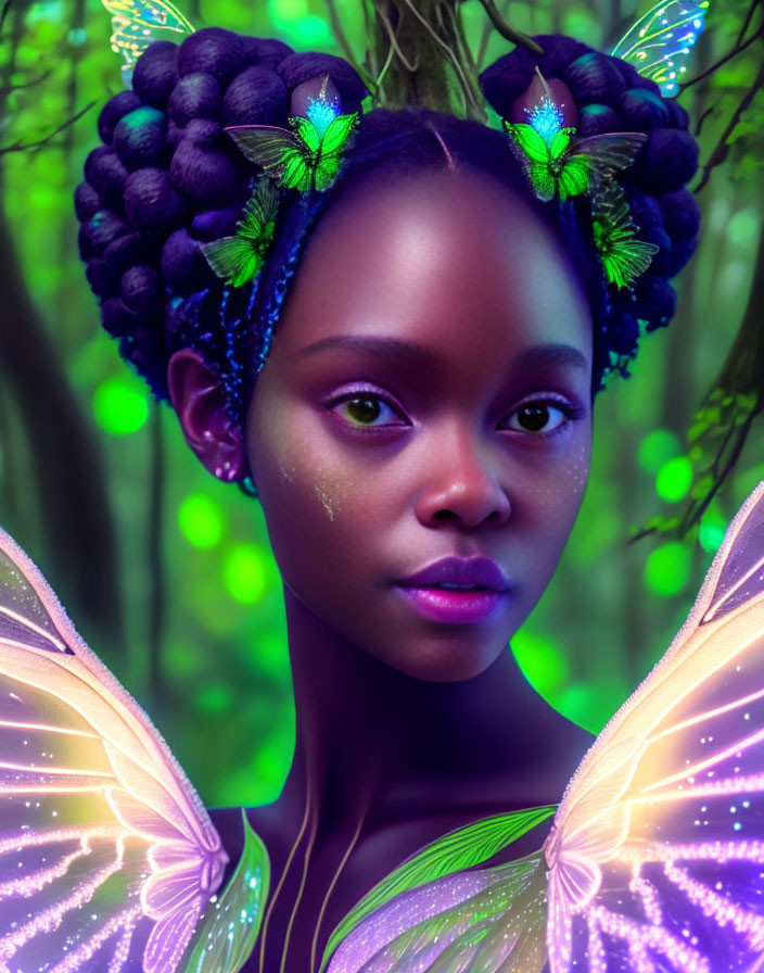 Digital Artwork: Woman with Butterfly Wings in Mystical Forest