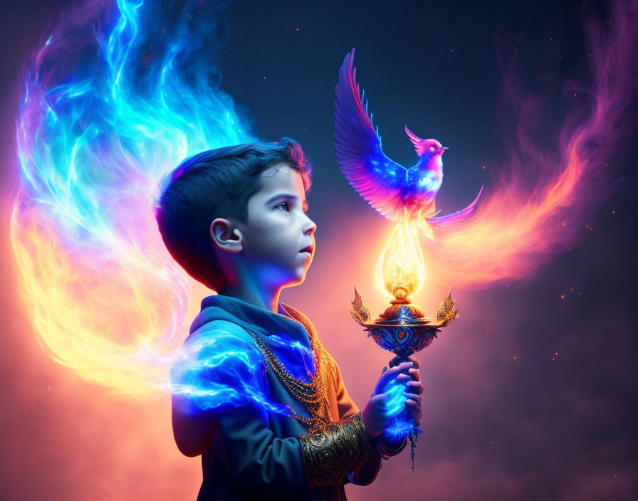 Young boy in blue outfit holds ornate lamp with blue flames, radiant phoenix emerges in mystical blue and