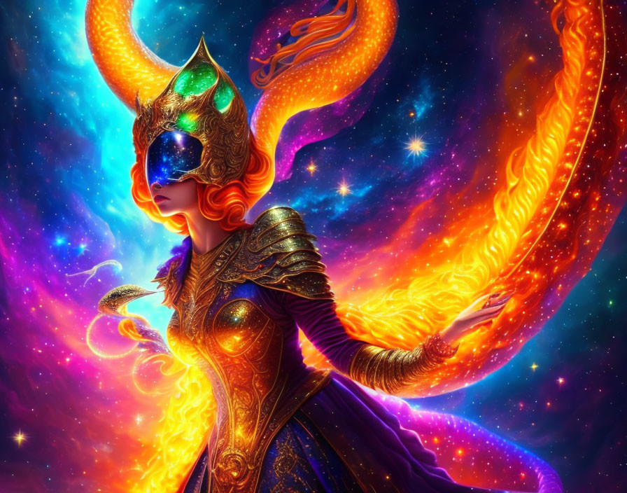 Fantasy artwork: Woman with fiery wings and golden armor in cosmic setting
