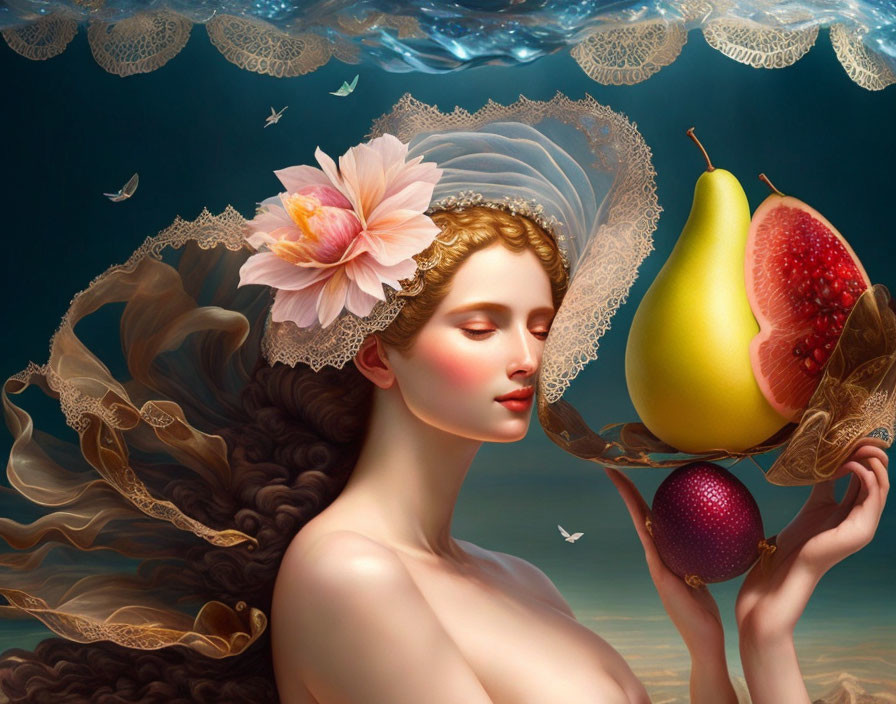 Woman with flower in hair holding pear and passion fruit in surreal blue background with jellyfish and birds