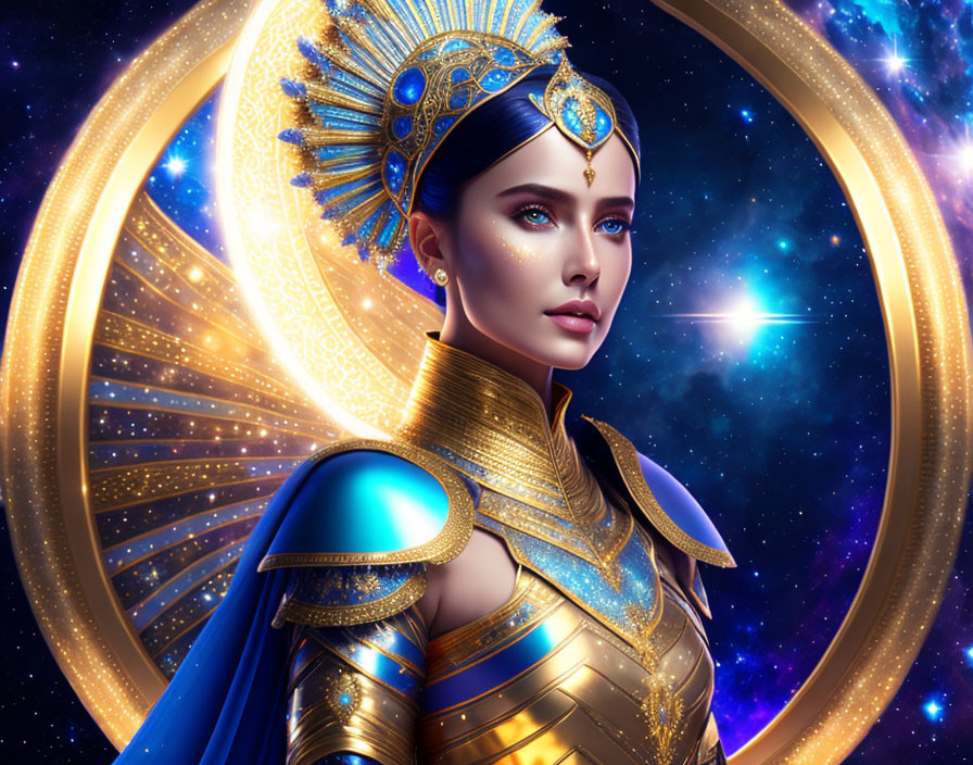 Digital artwork: Woman in blue & gold armor, cosmic backdrop