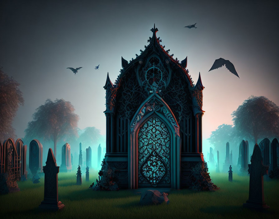 Gothic mausoleum in graveyard with bats, tombstones, and mist