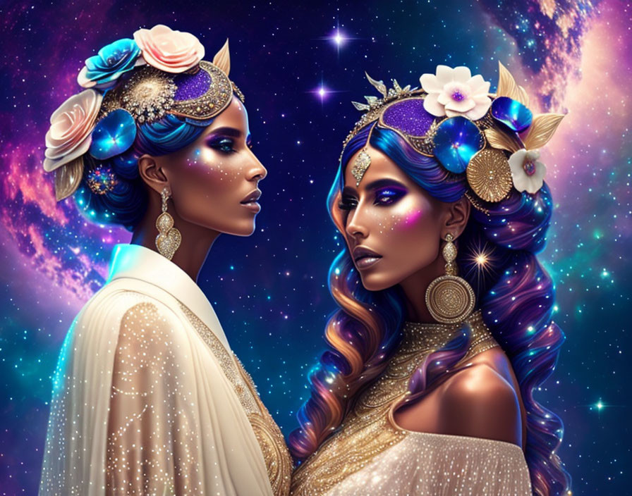 Illustrated women with celestial-themed makeup on starry background