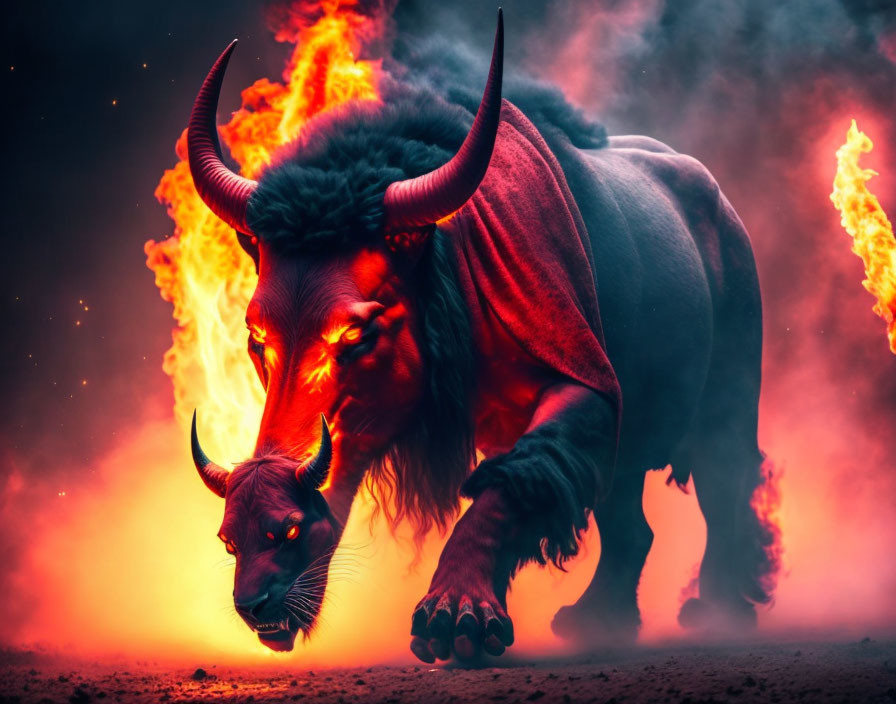 Fiery bull with glowing eyes and horns in dramatic scene