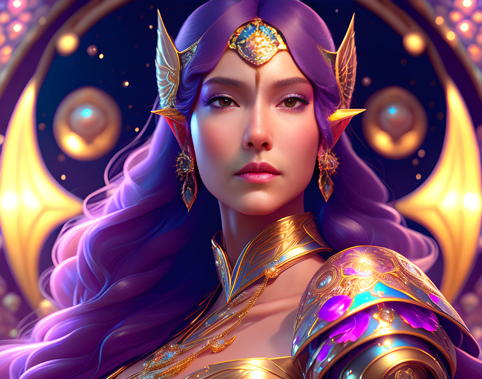 Majestic woman with purple hair in golden armor against mystical backdrop