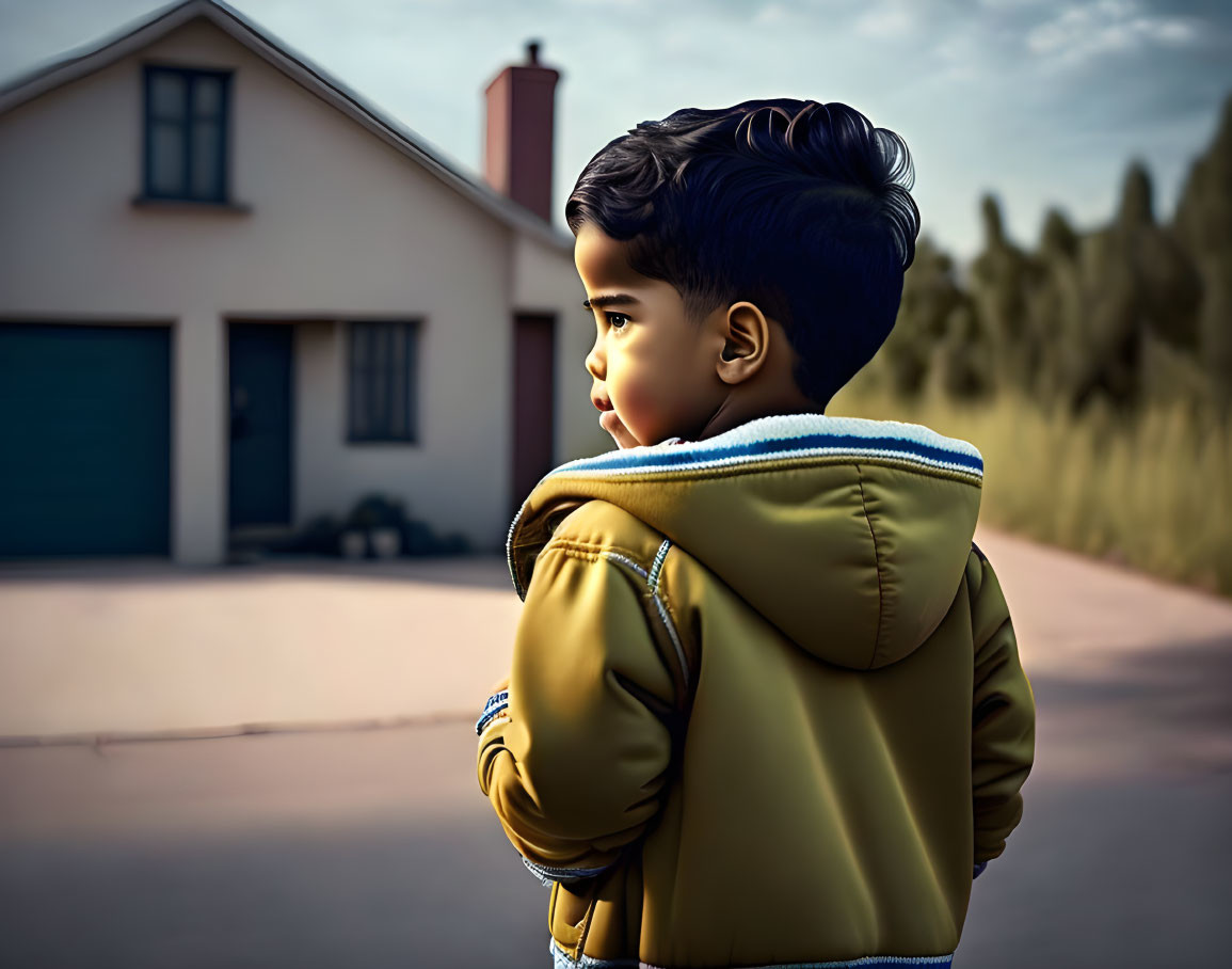 Young boy in yellow jacket with fur-lined hood standing outside with house in background