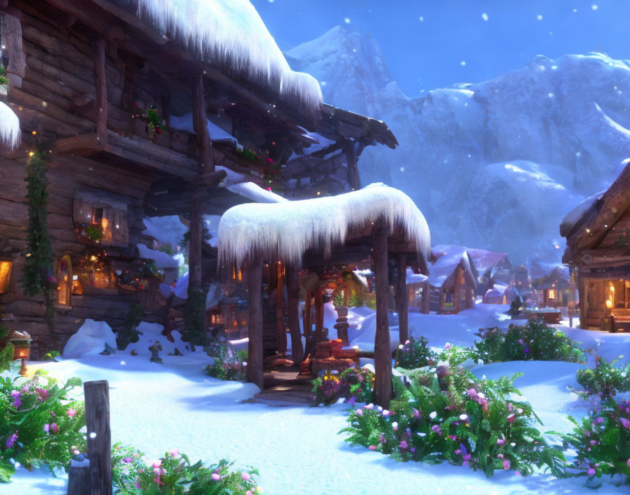 Winter village scene with wooden cabins, icicles, mountains, and flowers at twilight