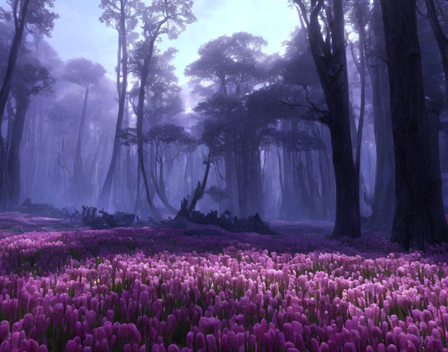 Mystical Purple Forest with Tall Trees and Purple Flowers