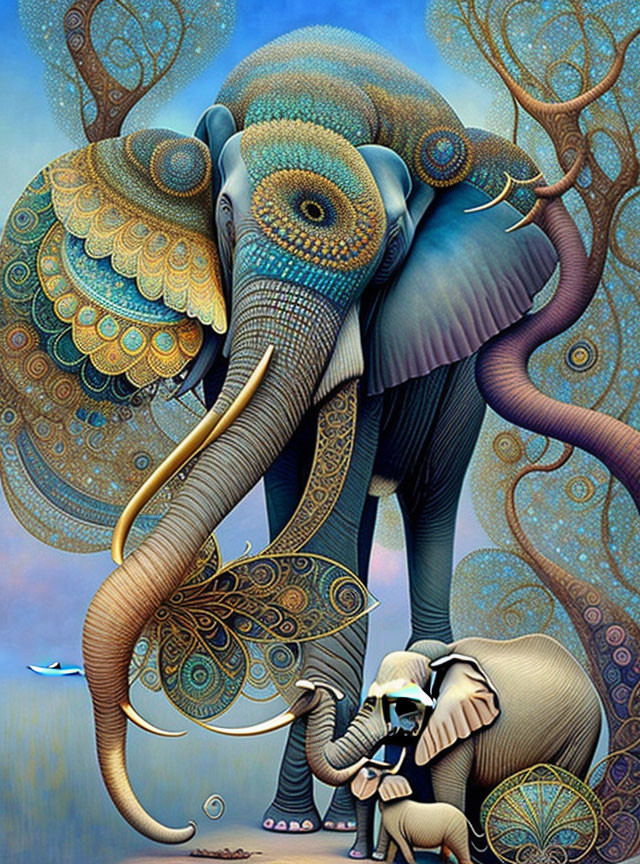 Detailed painting of elephants under surreal sky